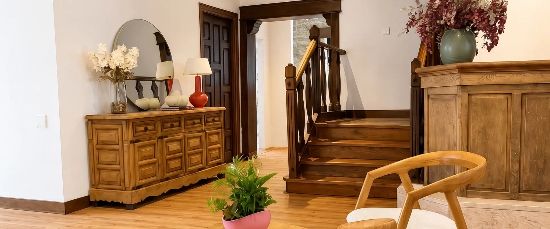 Sala interior con mueble de madera, espejo, escalerilla y silla de madera