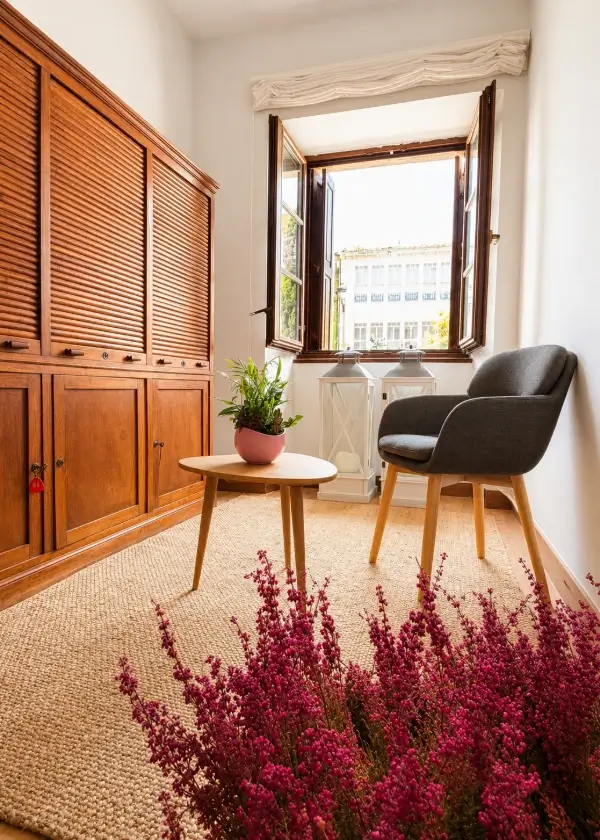 Sala luminosa con silla gris, mesita blanca y flores moradas en alfombra