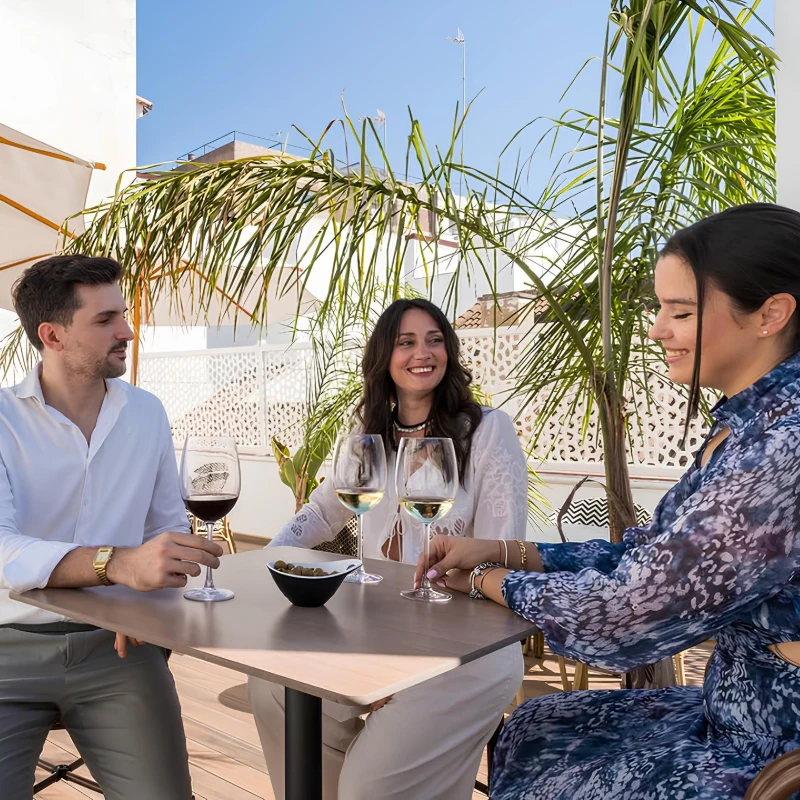 Personas disfrutando de vino en una terraza con plantas y cielo azul.