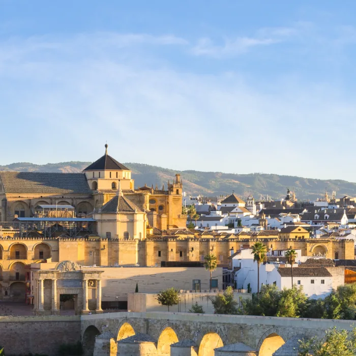 Vista de una antigua ciudad con arquitectura hist&oacute;rica y monta&ntilde;as al fondo bajo un cielo despejado.