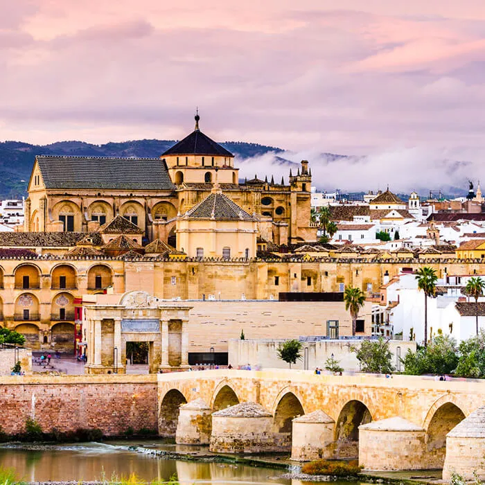 Paisaje urbano con arquitectura hist&oacute;rica y puente de piedra bajo un cielo rosado al atardecer.