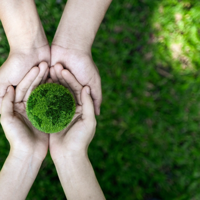 Manos sosteniendo una esfera cubierta de pasto verde, simbolizando el cuidado del medio ambiente.