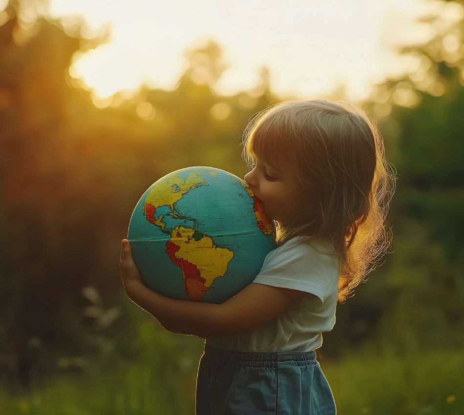 Ni&ntilde;a abrazando un globo terr&aacute;queo en un campo con luz de atardecer.