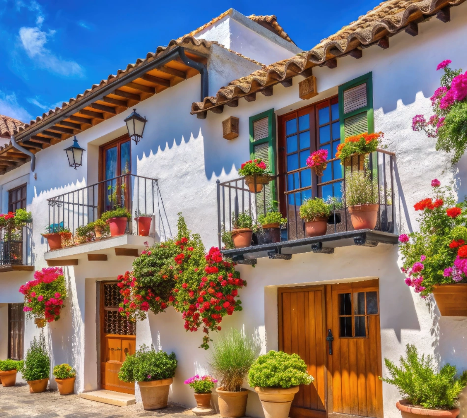 Casa blanca con balcones y flores, cielo azul.