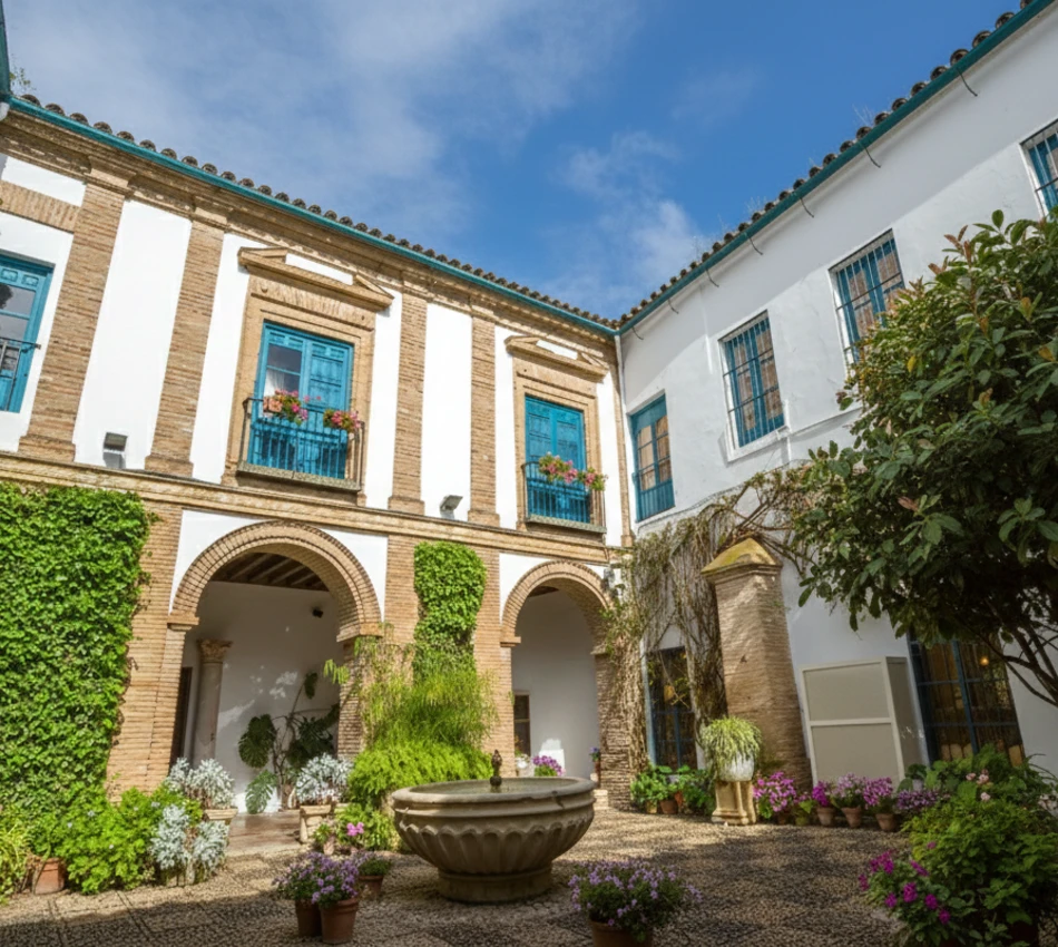 Patio andaluz con fuente, arcos de ladrillo, ventanas azules y plantas en macetas.