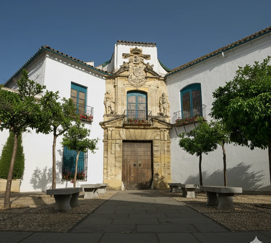 Fachada hist&oacute;rica con puerta de madera, rodeada de &aacute;rboles y bancos en una plaza adoquinada.