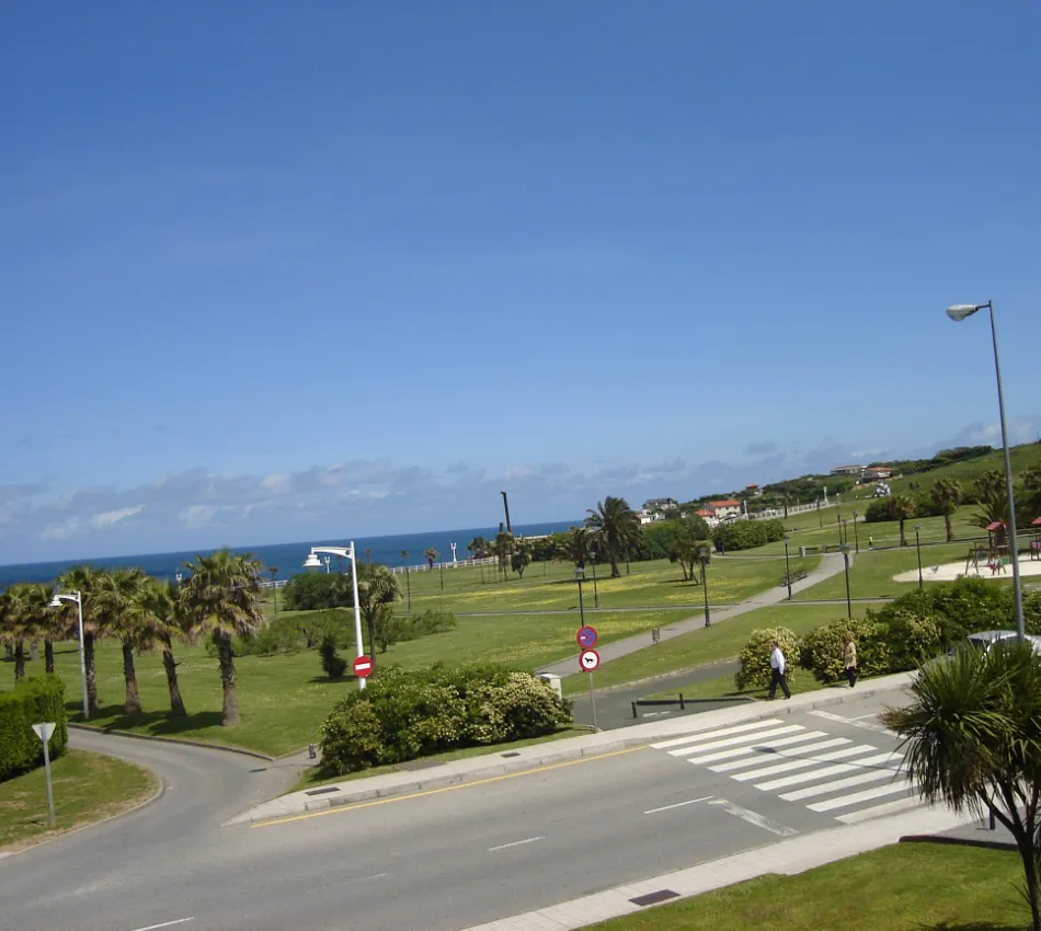 Vista de un parque costero con palmeras, caminos y un cruce peatonal bajo un cielo azul.