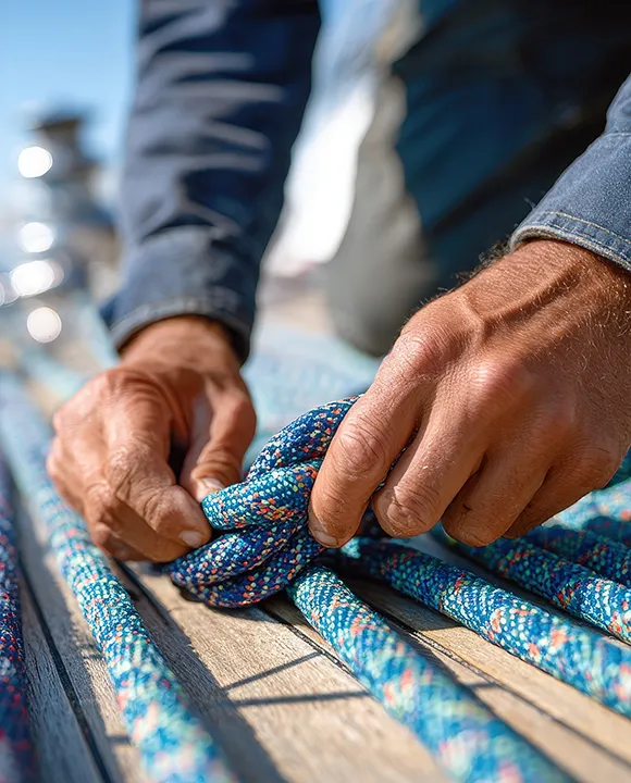 Manos atando un nudo en un cabo azul sobre una superficie de madera.