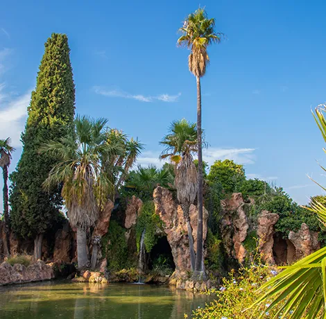 Lago peque&ntilde;o rodeado de palmeras y &aacute;rboles bajo un cielo azul.