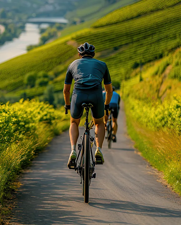 Ciclistas pedaleando por un camino rodeado de vegetaci&oacute;n.