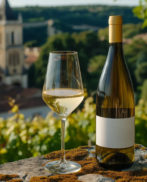 Copa y botella de vino blanco en un paisaje verde y soleado.