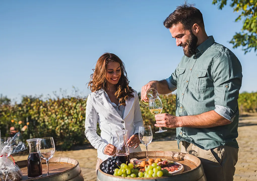 Pareja disfrutando de vino en vi&ntilde;edo al aire libre en d&iacute;a soleado.