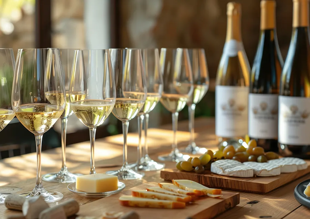 Copas de vino blanco con botellas y tabla de quesos y uvas.