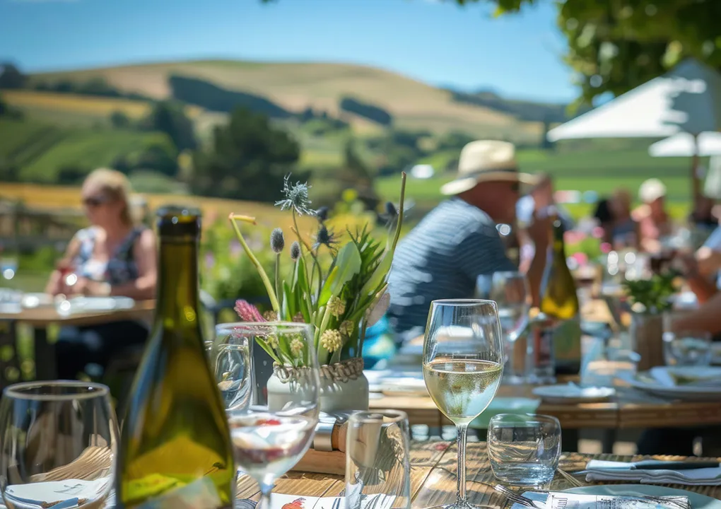 Personas en una terraza compartiendo vino con paisaje de colinas al fondo.