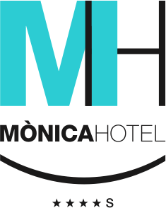 Logotipo de M&ograve;nica Hotel con cinco estrellas y letras turquesa.