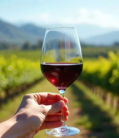 Copa de vino tinto en primer plano, vi&ntilde;edo y monta&ntilde;as al fondo.