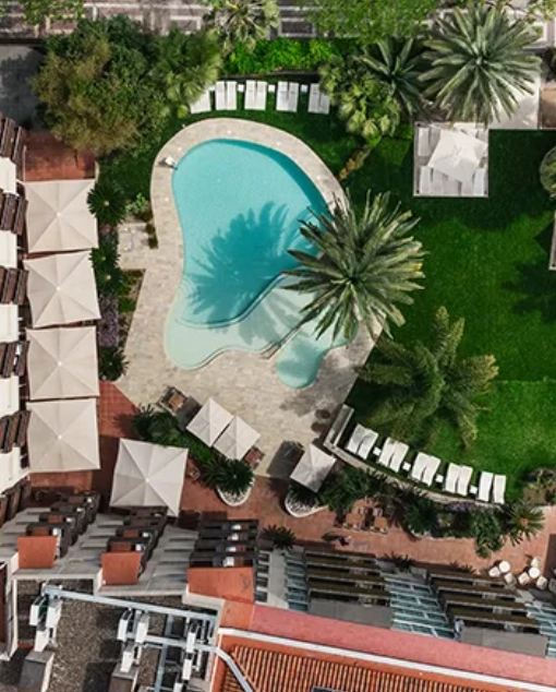 Vista a&eacute;rea de una piscina rodeada de palmeras y tumbonas.