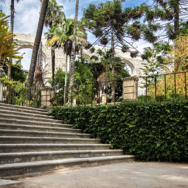 Escadarias cercadas por plantas e palmeiras, com aqueduto ao fundo.