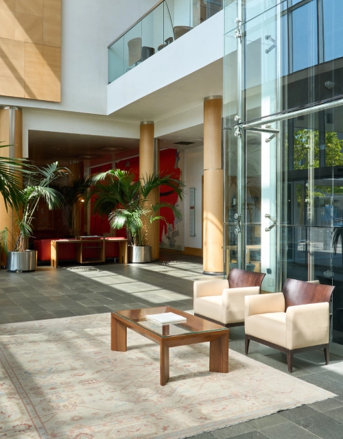 Lobby moderno con sillones, mesa de madera y plantas verdes.