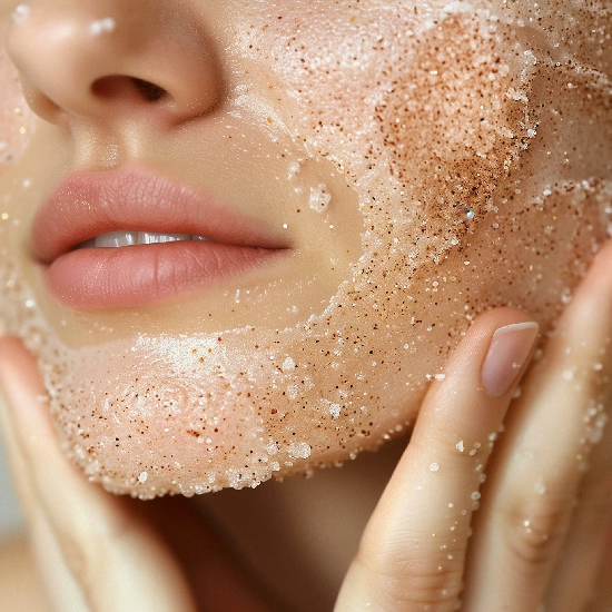 Mujer aplicando exfoliante en su rostro con las manos.