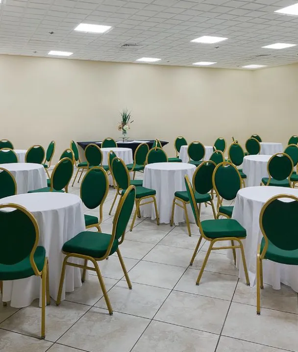 Sala de eventos vacía con mesas redondas, sillas verdes y flores en el fondo.