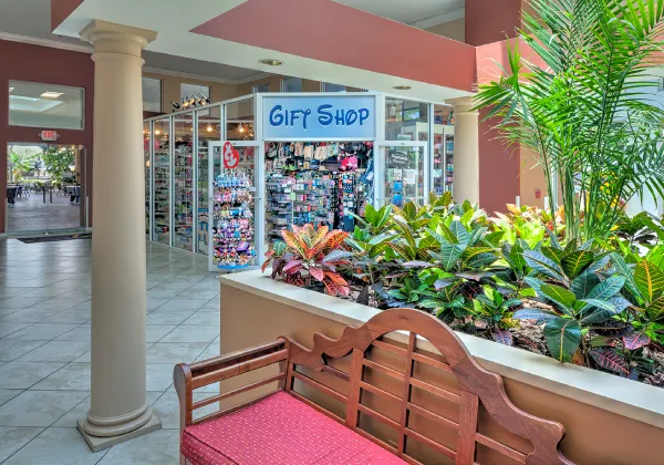 Tienda de regalos en un centro comercial con plantas y un banco de madera en primer plano.