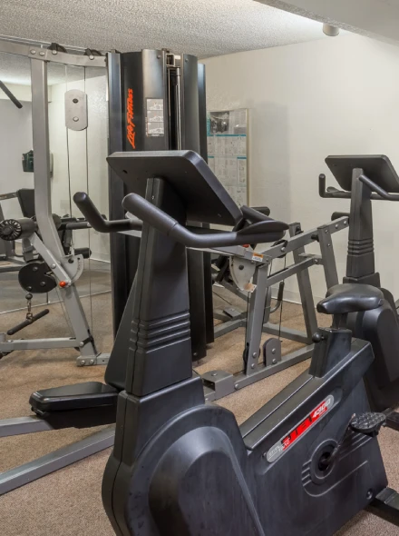 Bicicleta est&aacute;tica y m&aacute;quina de pesas en un gimnasio con espejos en la pared.