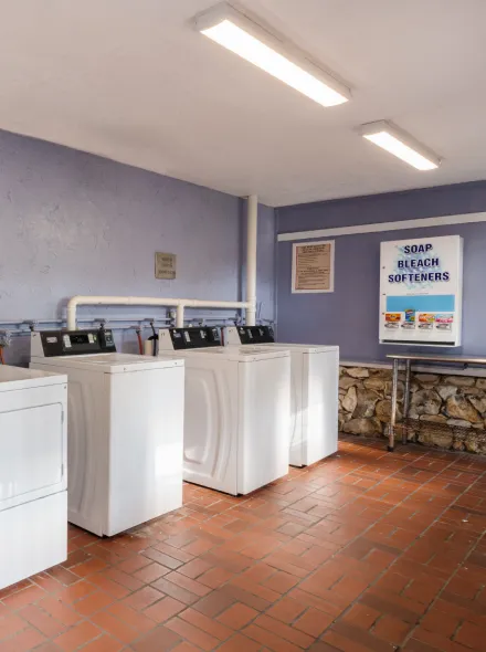 Sala de lavander&iacute;a con varias lavadoras blancas y m&aacute;quina expendedora de detergentes.