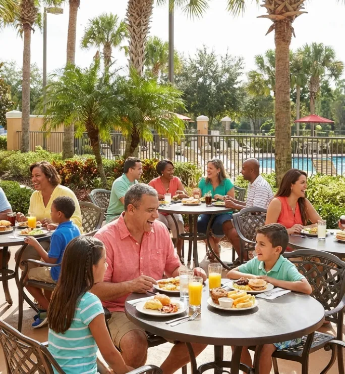 Grupo disfrutando de una comida al aire libre en un entorno tropical con palmeras y mesas redondas.