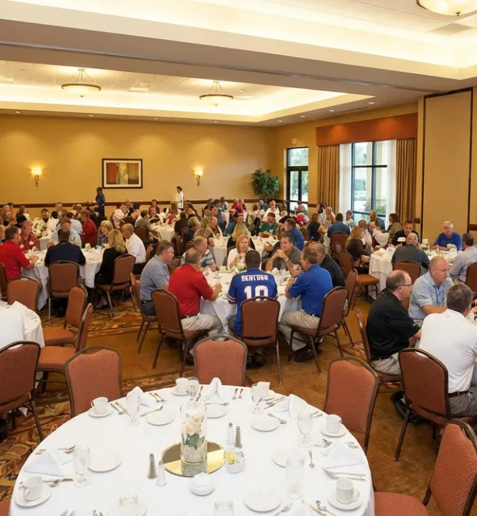 Un grupo grande de personas sentadas en mesas redondas en un comedor elegante.
