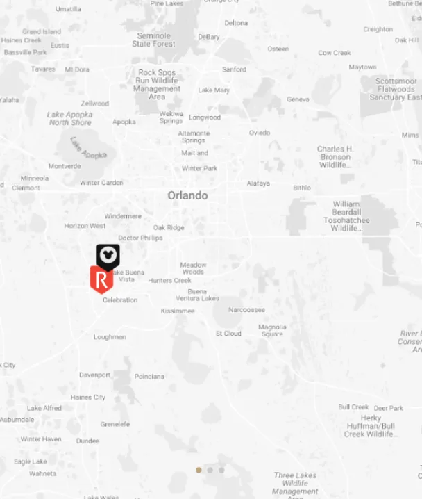 Mapa en blanco y negro de Orlando con un marcador rojo en Lake Buena Vista.