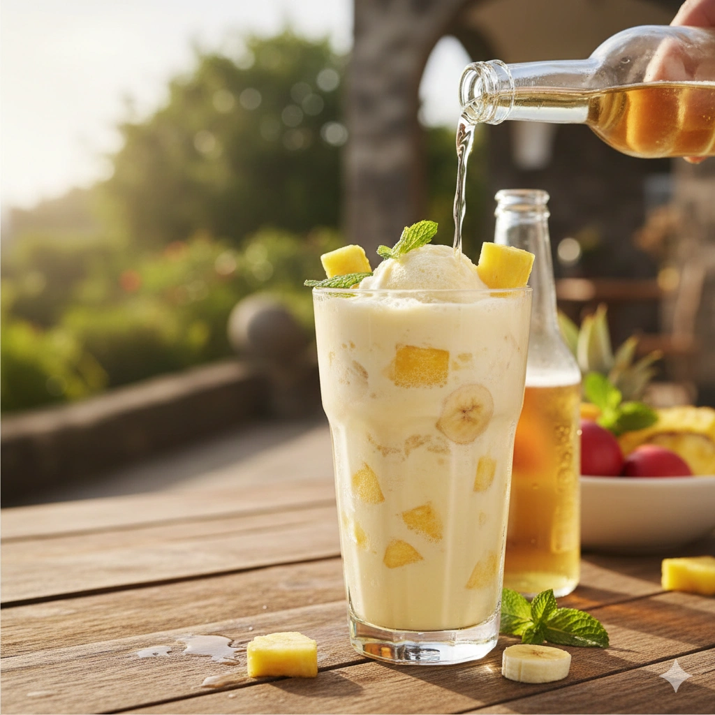 Fruity drink with ice cream, pineapple, mint, and poured beverage.