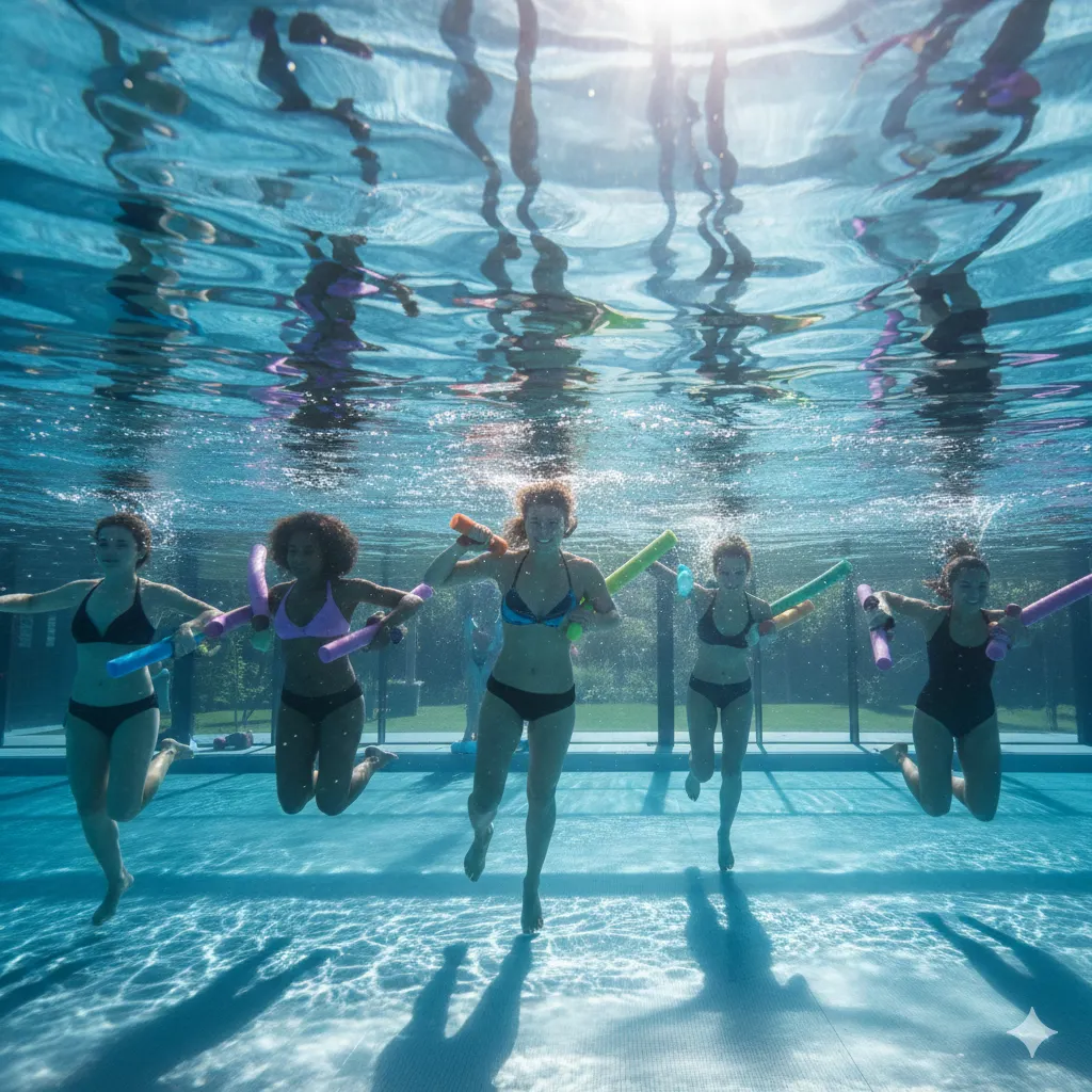 Five people exercising underwater with foam noodles in a pool.