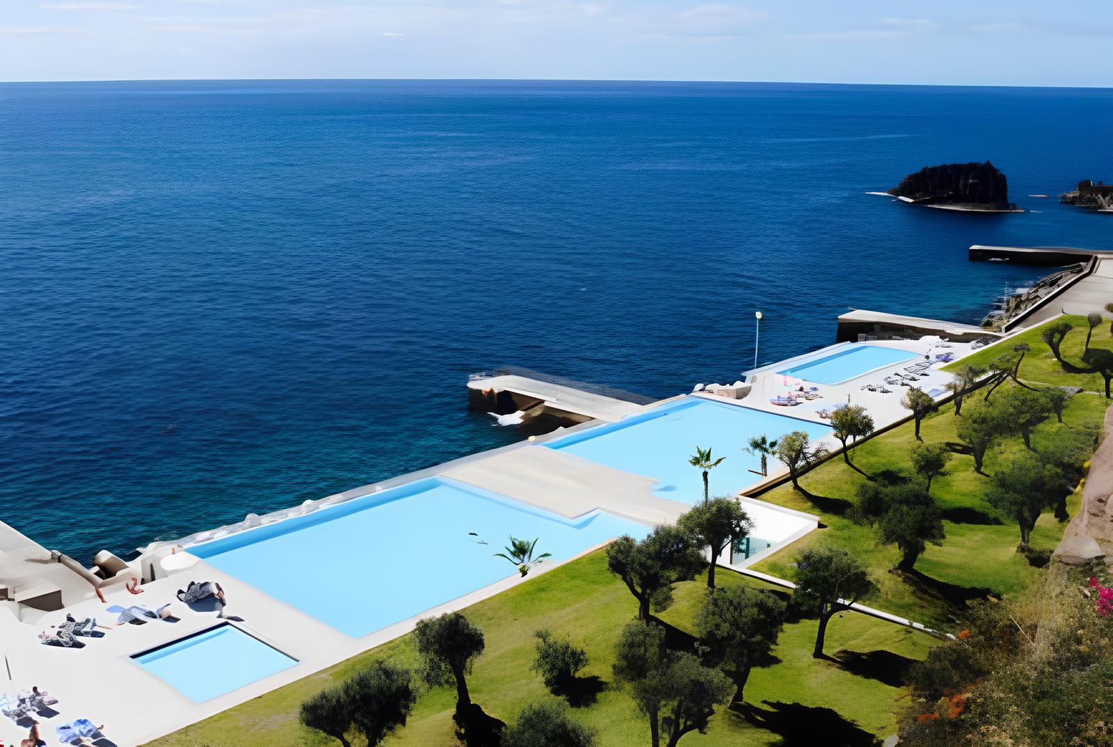 Infinity pool overlooking the sea with loungers and umbrellas.