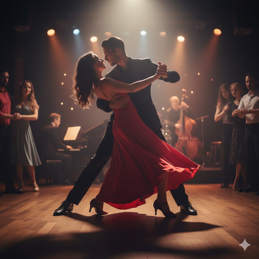 Couple dancing tango passionately on stage, others and band in background.
