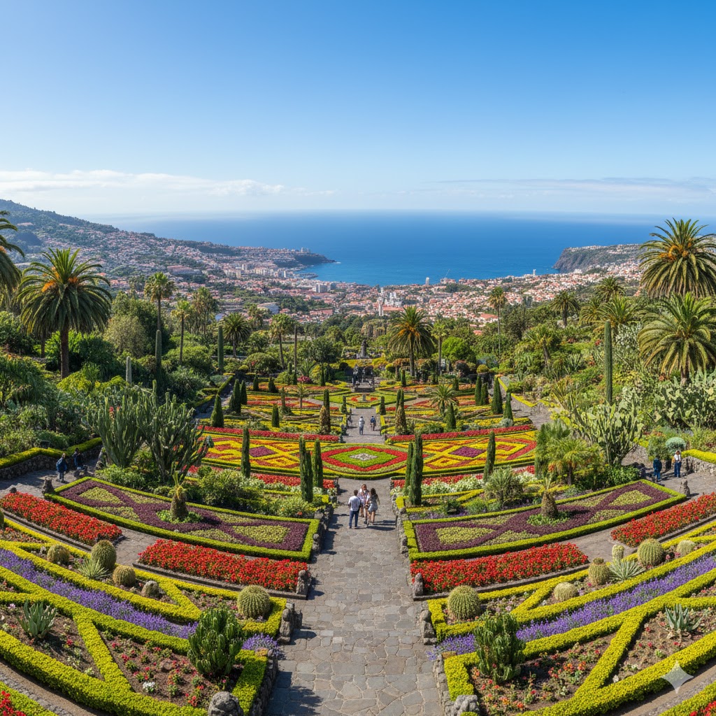 Colorful gardens with city and ocean view under a clear blue sky.