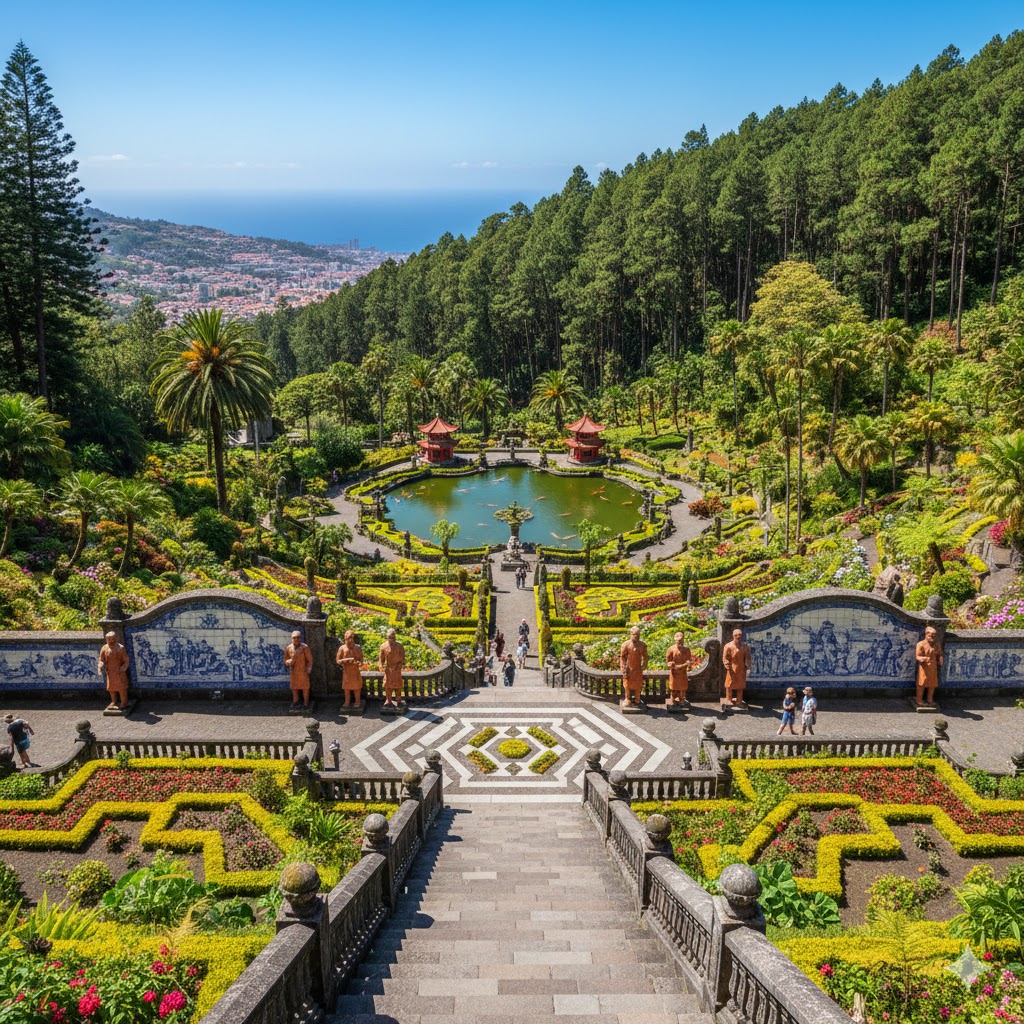 Lush garden with pond, statues, and ocean view.