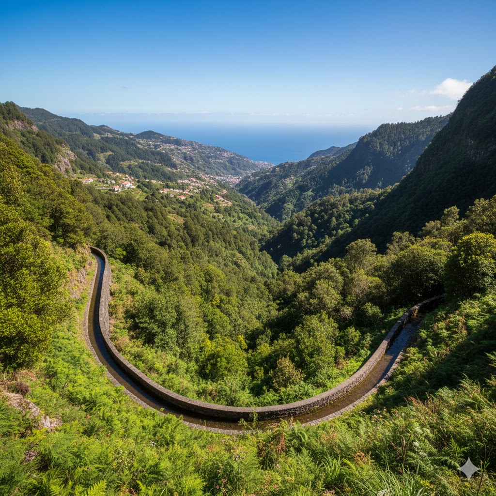 Winding path through lush green mountains with a distant ocean view.