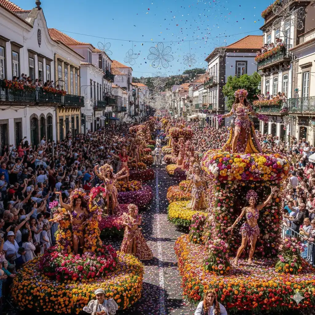 Colorful flower parade with crowds lining both sides of the street.
