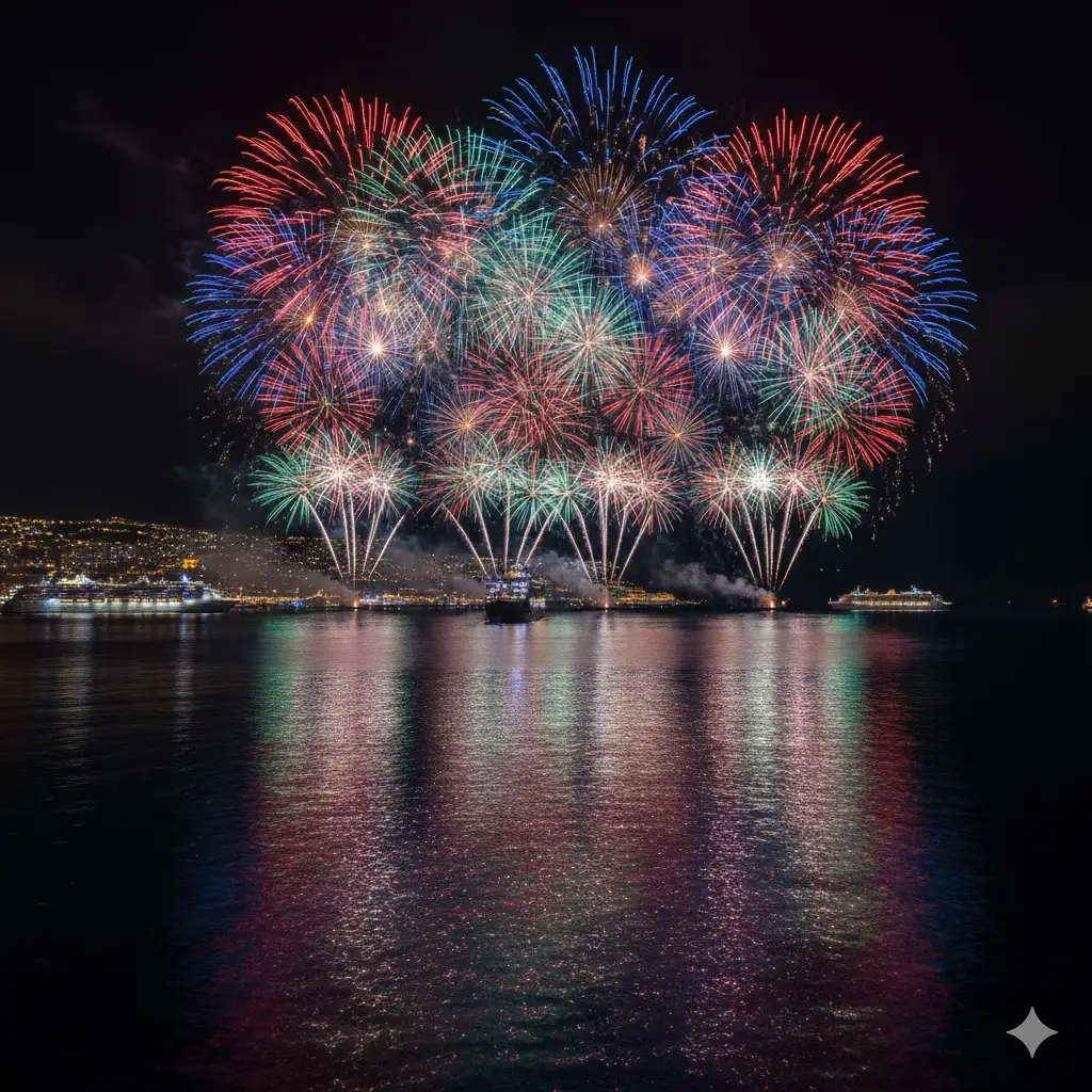 Fireworks over water reflect colorful lights at night.