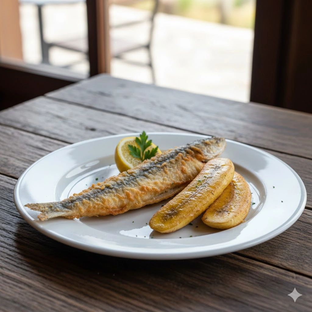 Grilled fish and plantains on a white plate with lemon garnish.