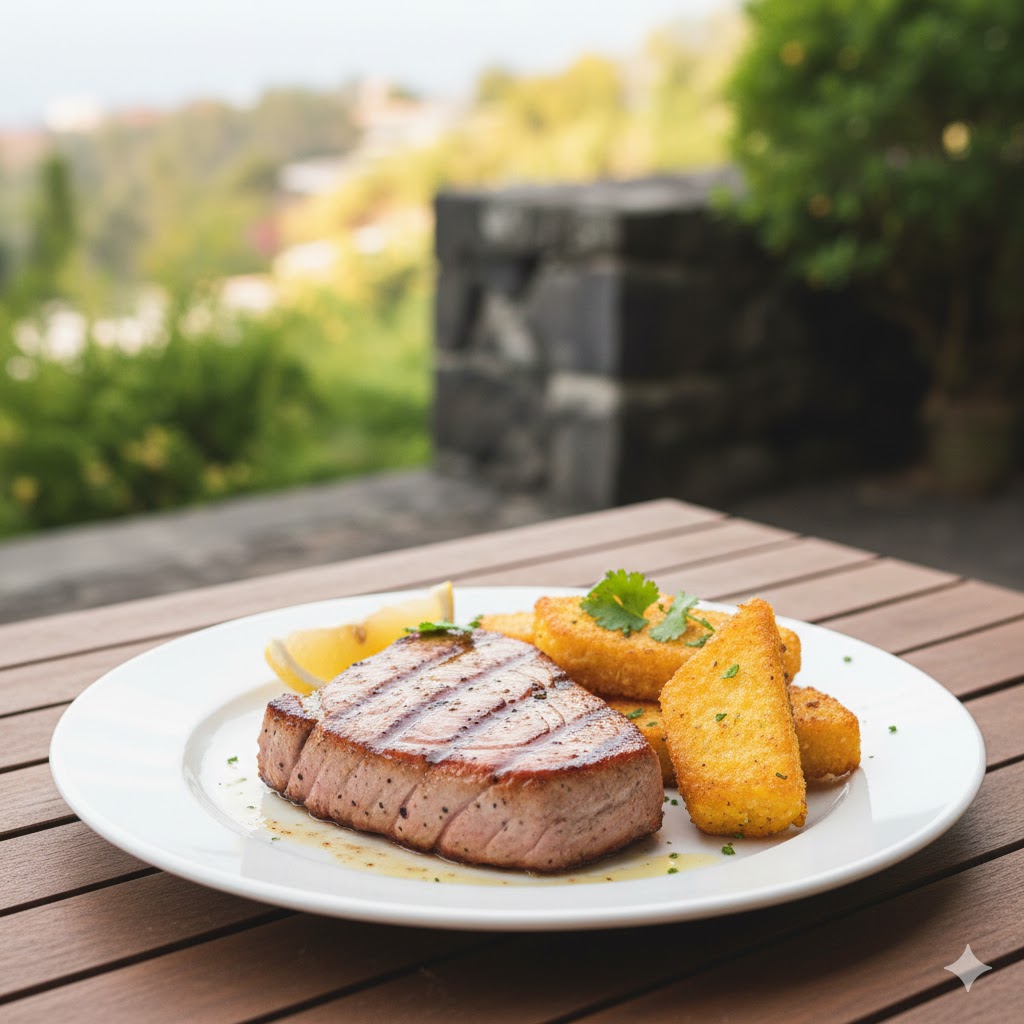Grilled tuna steak with polenta on a plate, set on an outdoor table.