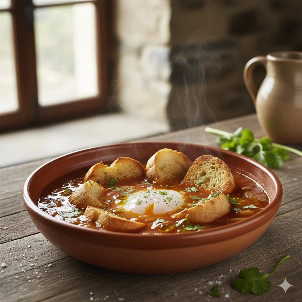 A steaming bowl of soup with crusty bread and a poached egg on top.