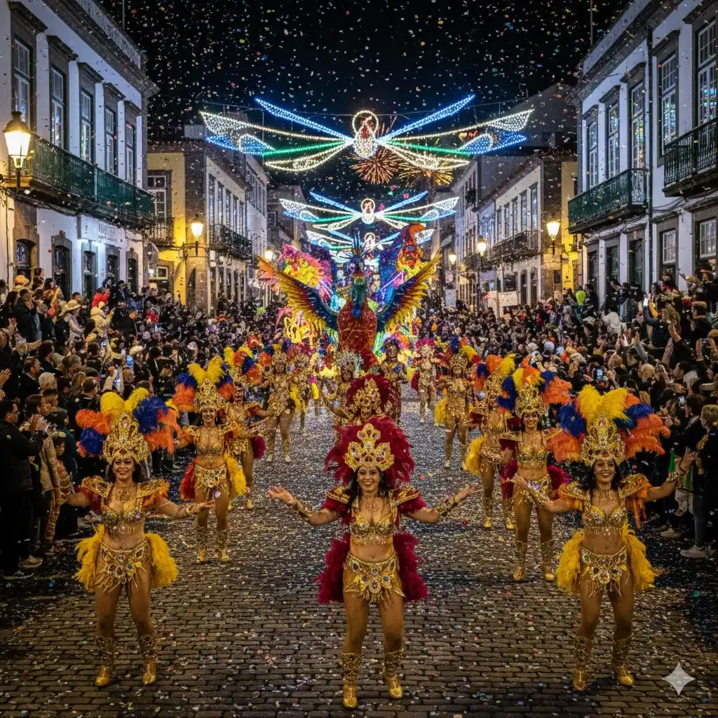 Parade dancers in colorful costumes on a festive, illuminated street at night.