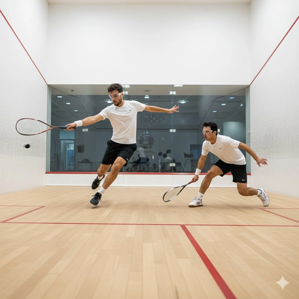 Two men playing squash on a court, focused and mid-action.