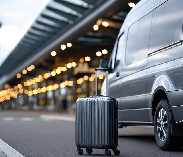 A silver suitcase beside a van outside an airport terminal.
