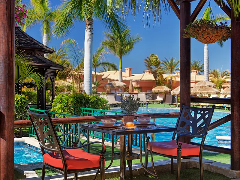 Poolside patio with table, chairs, palm trees, and clear blue sky in the background.