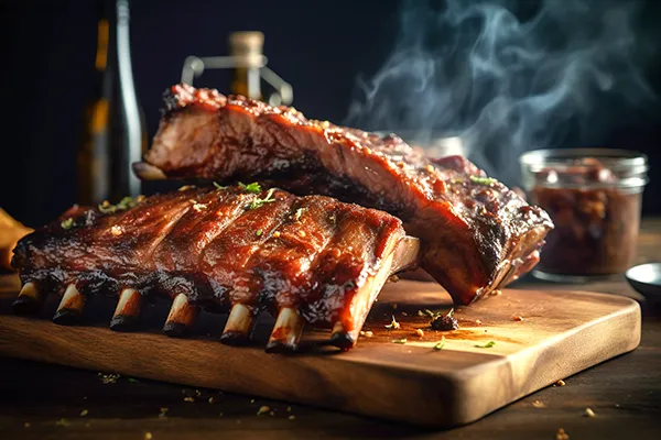 Barbecue ribs on a wooden board with a jar of sauce in the background.