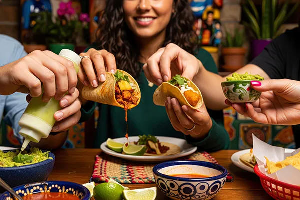 People enjoying tacos with various toppings and sauces at a table.