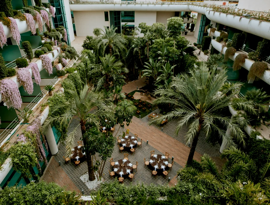 Jard&iacute;n interior con mesas y sillas rodeadas de palmeras y plantas colgantes.